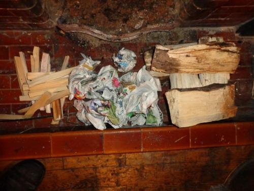 logs kindling and newspaper