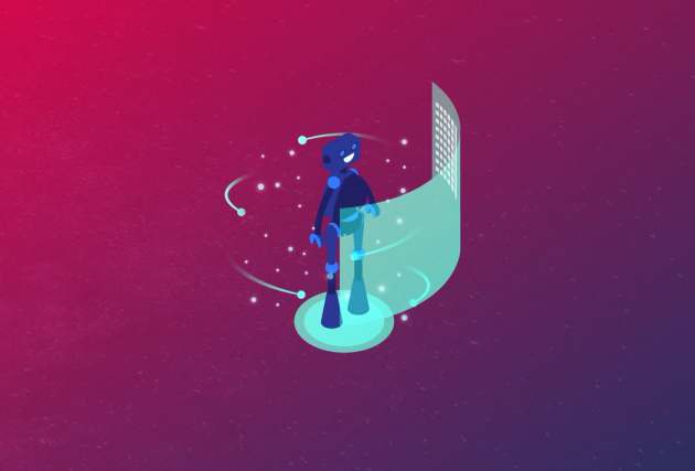 An image of a spinning blue robot against a blue/red gradient background