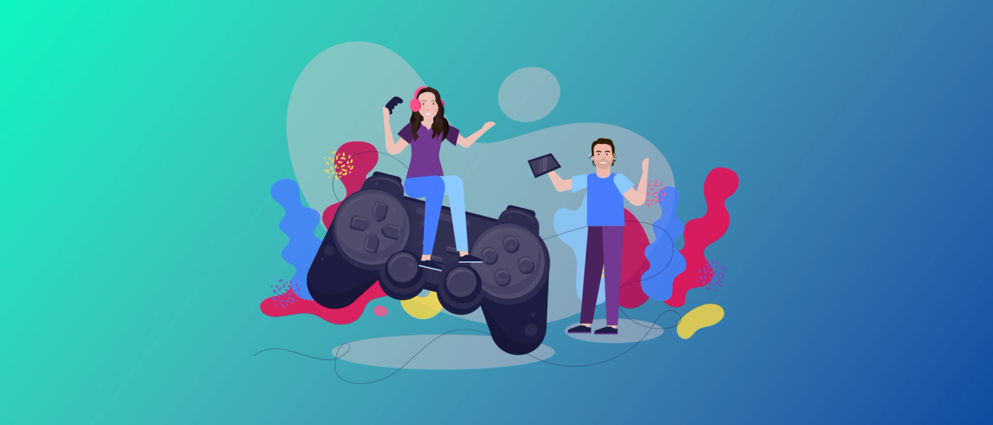 A colourful image of an animated man and a woman playing with video games, against a gradient blue/green background. The woman has red headphones on and is sat on a giant games console controller; the man is holding a tablet device.