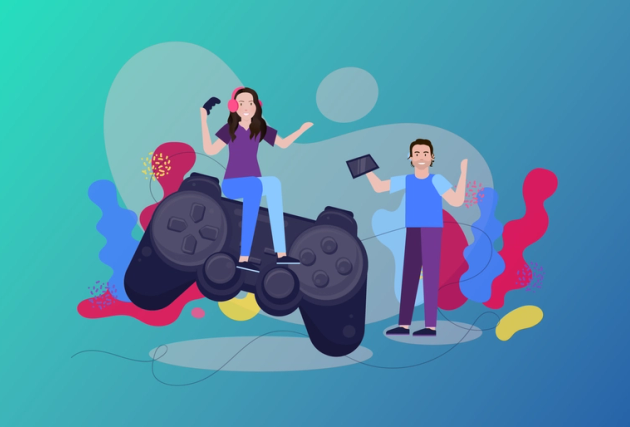 A colourful image of an animated man and a woman playing with video games, against a gradient blue/green background. The woman has red headphones on and is sat on a giant games console controller; the man is holding a tablet device.