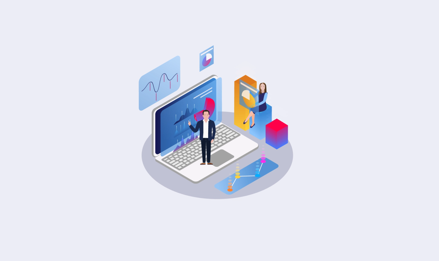 Image shows a laptop with metrics on the screen, with a cartoon of the author pointing at the metrics. A cartoon woman is looking at a pie chart.