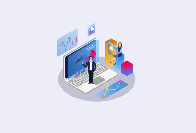 Image shows a laptop with metrics on the screen, with a cartoon of the author pointing at the metrics. A cartoon woman is looking at a pie chart.