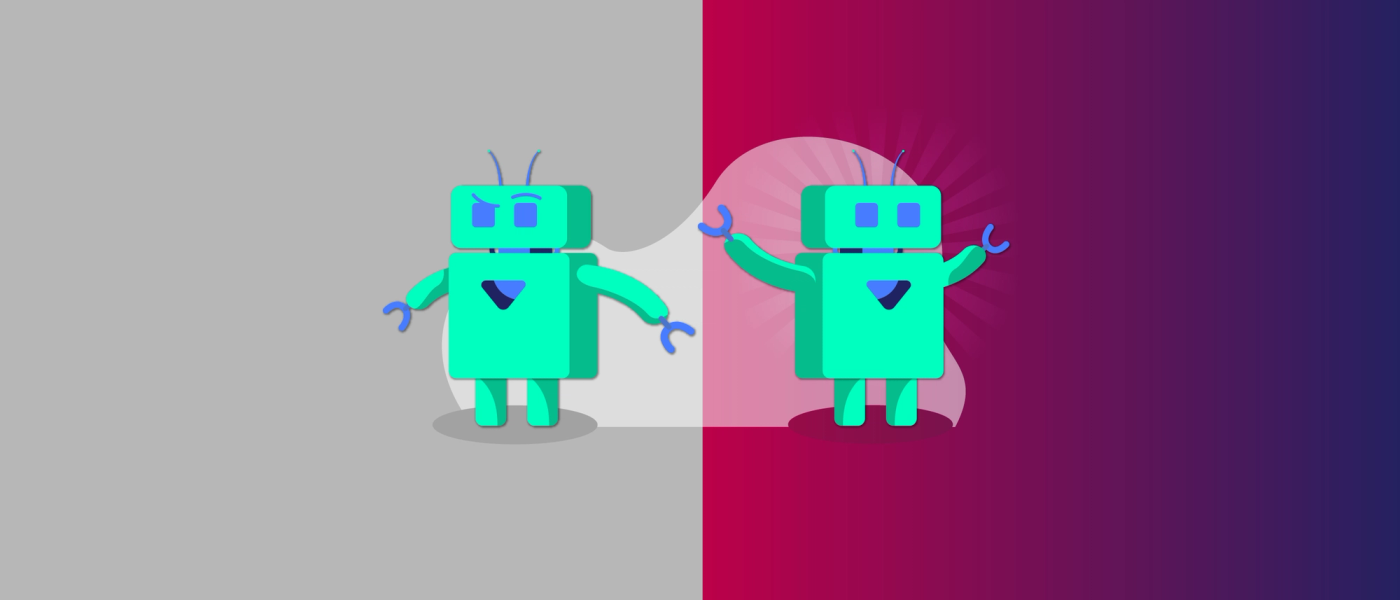 Two images of a robot - one feeling low with self doubt, one overcoming negative feelings; its arms above its head in celebration