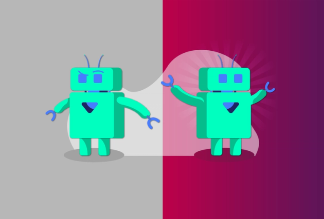 Two images of a robot - one feeling low with self doubt, one overcoming negative feelings; its arms above its head in celebration