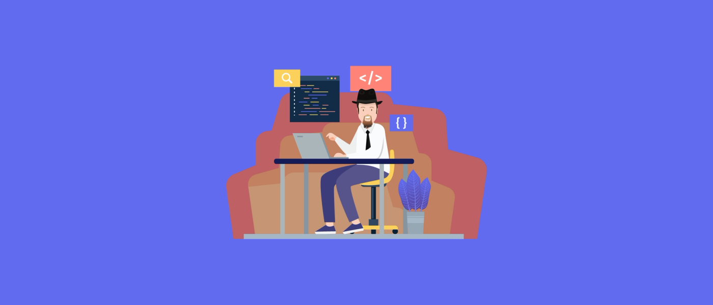 Cartoon image of author at a desk with code snippets around him