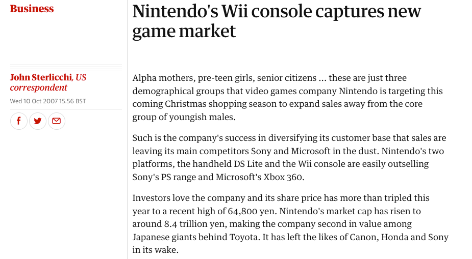 Guardian headline: Nintendo's Wii games console captures new market