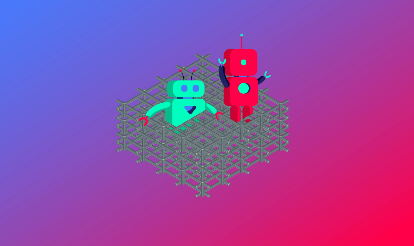 A mesh with two robot heads sticking out against a blue-to-red diagonal gradient background