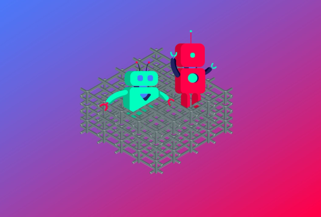 A mesh with two robot heads sticking out against a blue-to-red diagonal gradient background