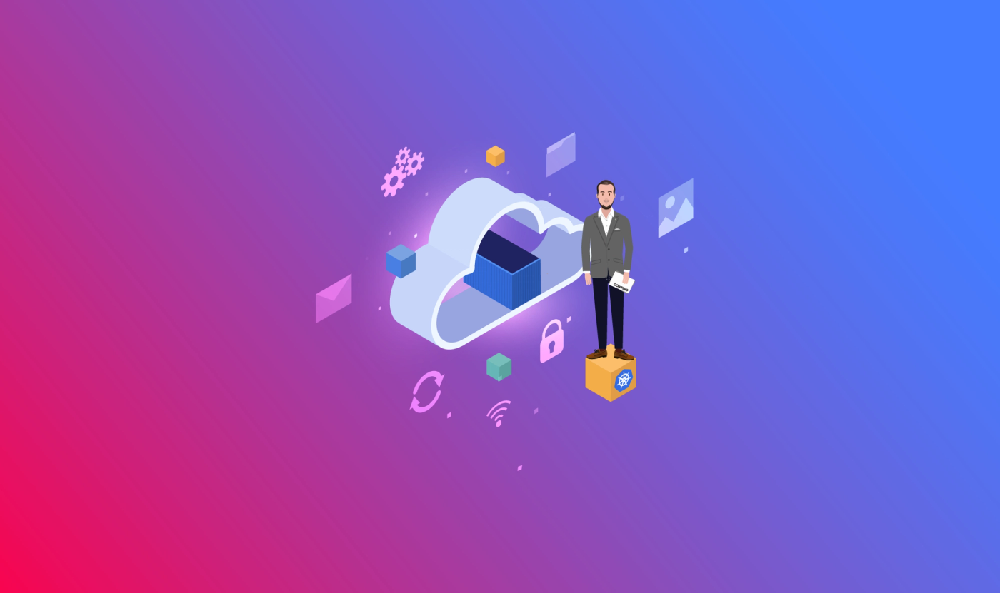 Cartoon image of author on a blog with the kubernetes logo surrounded by tech icons and a container in a cloud