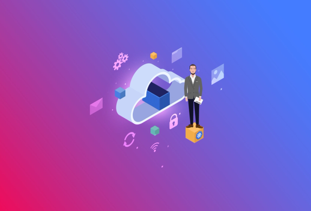 Cartoon image of author on a blog with the kubernetes logo surrounded by tech icons and a container in a cloud