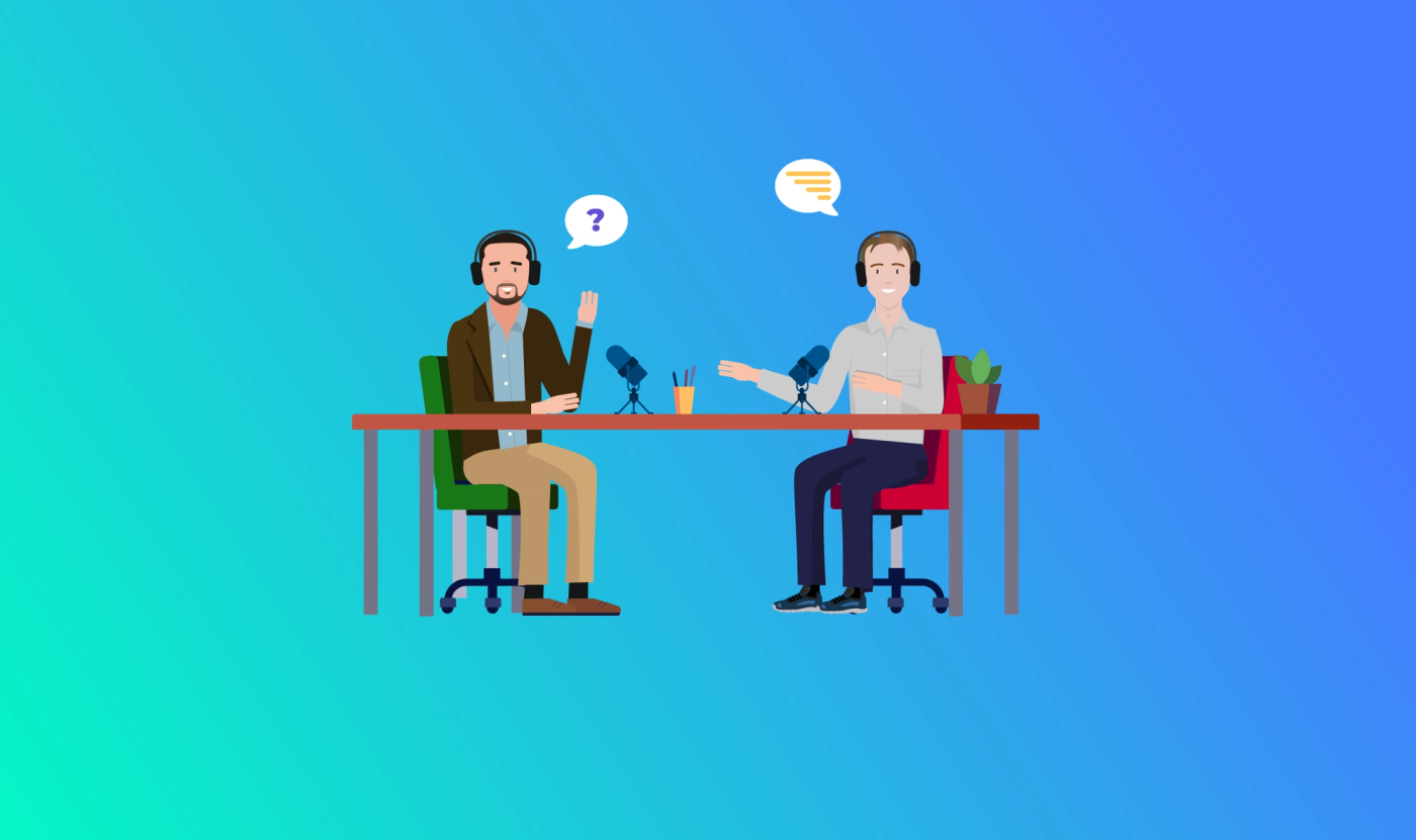 Avatars of Federico Fregosi and Ethan Sumner at a desk with microphones