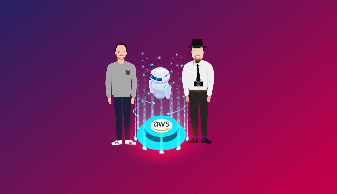 Cartoon of an AWS button, a robot hovering over it, flanked by avatars of Continis Stuart Slade and Mark Faiers