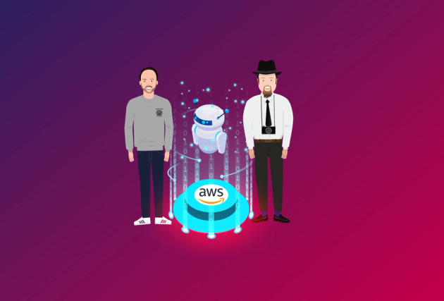Cartoon of an AWS button, a robot hovering over it, flanked by avatars of Continis Stuart Slade and Mark Faiers