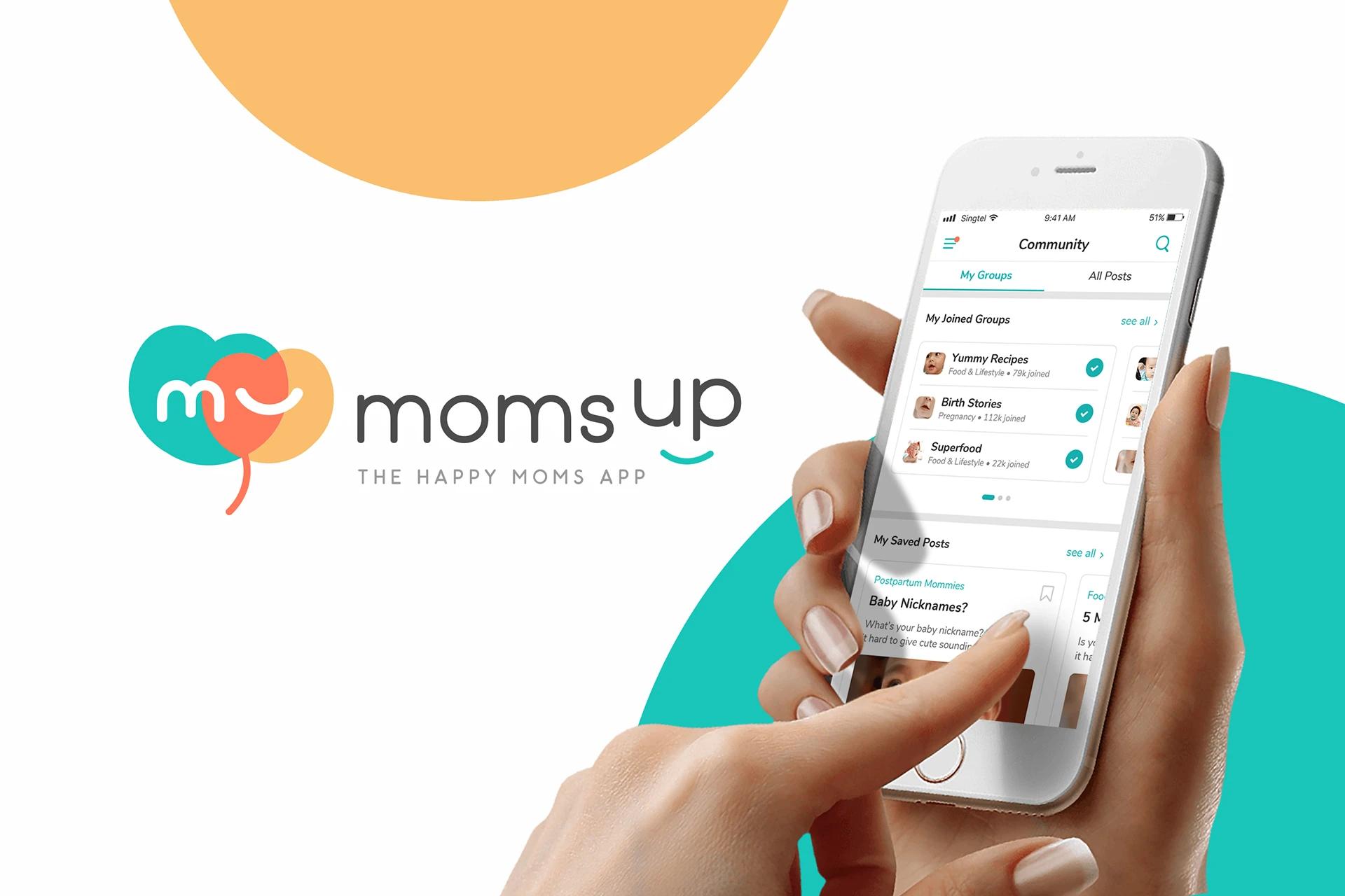 Moms Up — primary wordmark and tagline lock-up