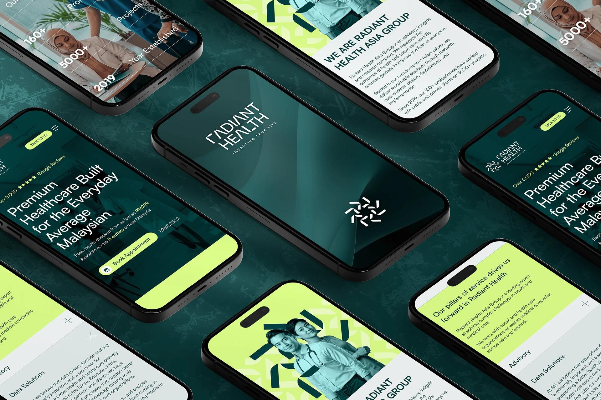 Radiant Health — brand application across 8 clinic locations
