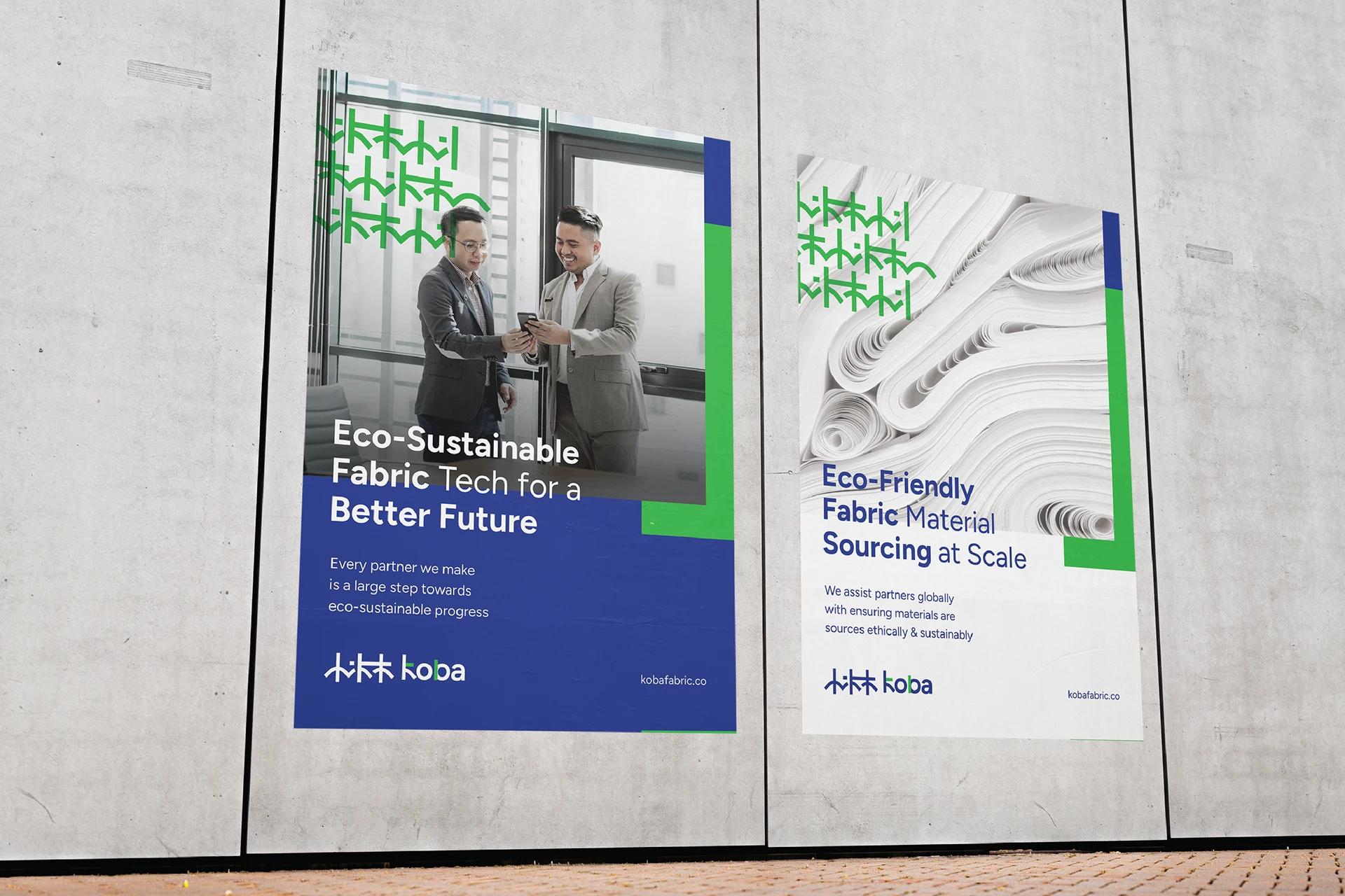 KOBA OOH — billboard mockup with full wordmark on linen texture