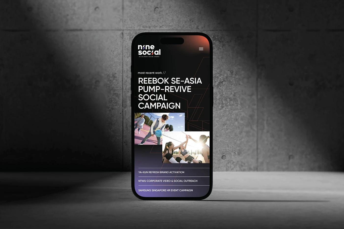Nine Social — brand system overview on electric background