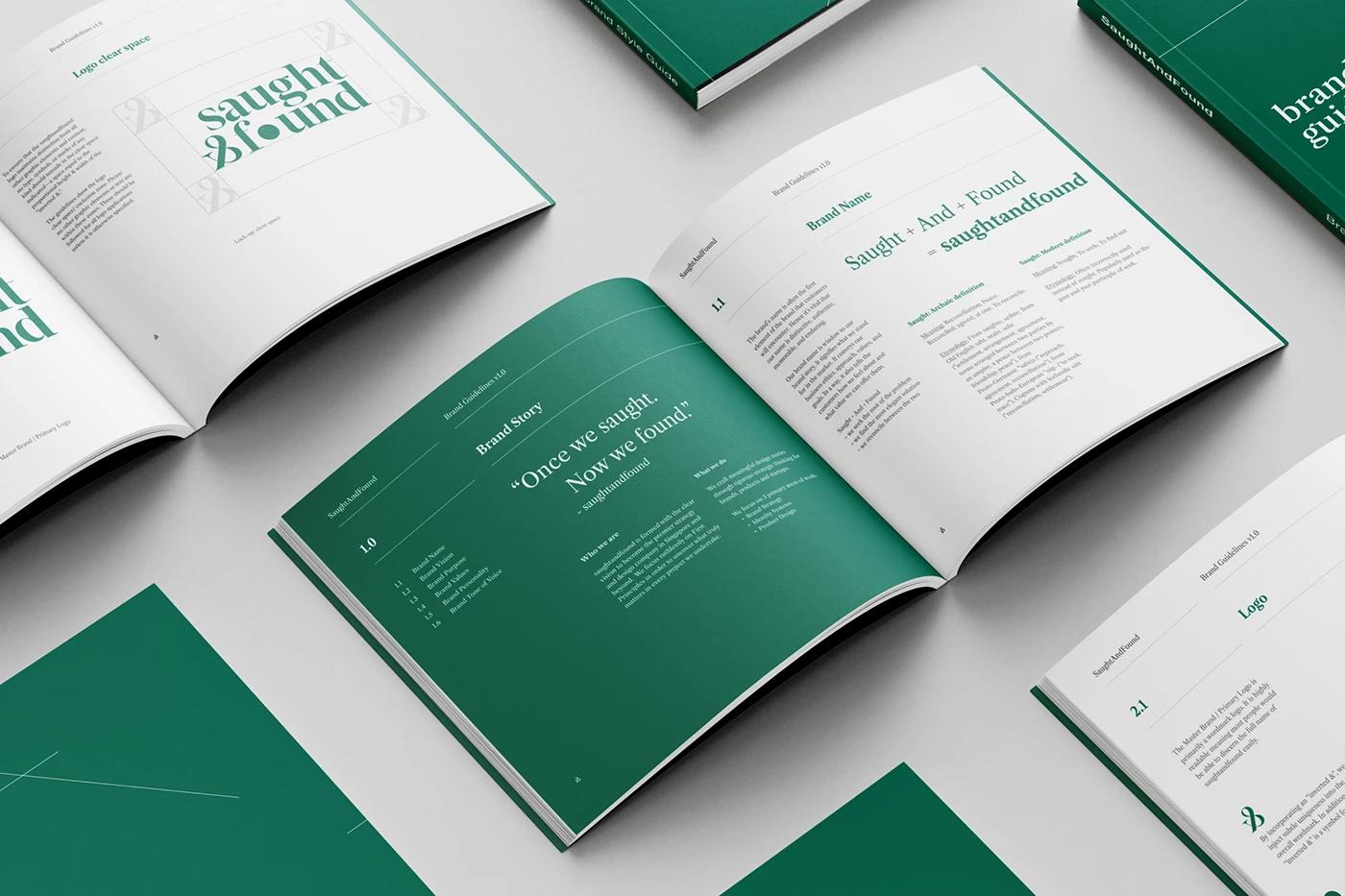Saught&Found — brand book spread: logo usage and clear space