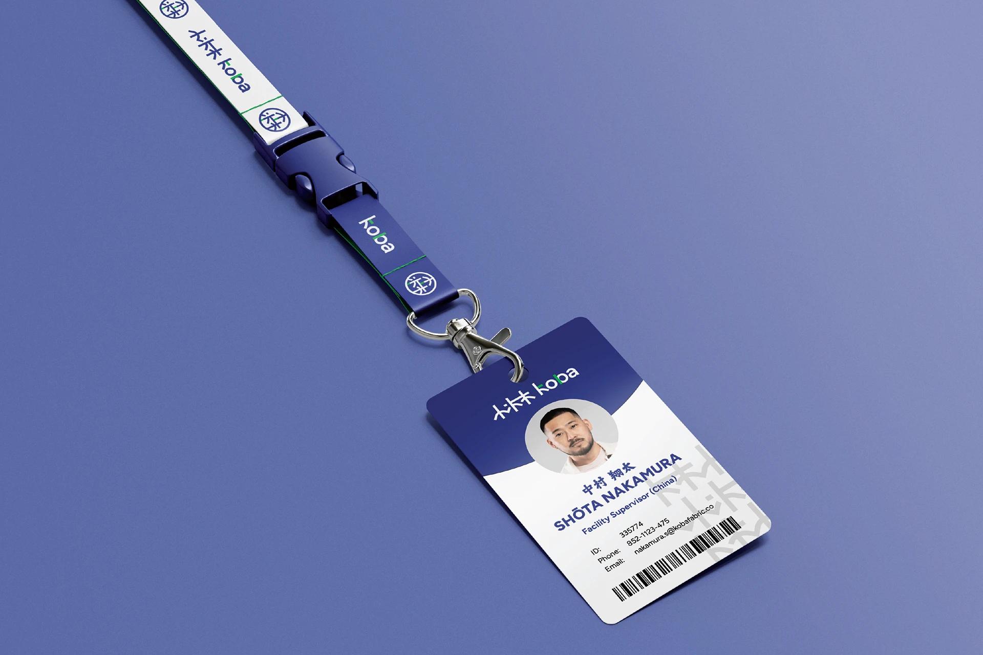 KOBA brand application — branded corporate stationery set