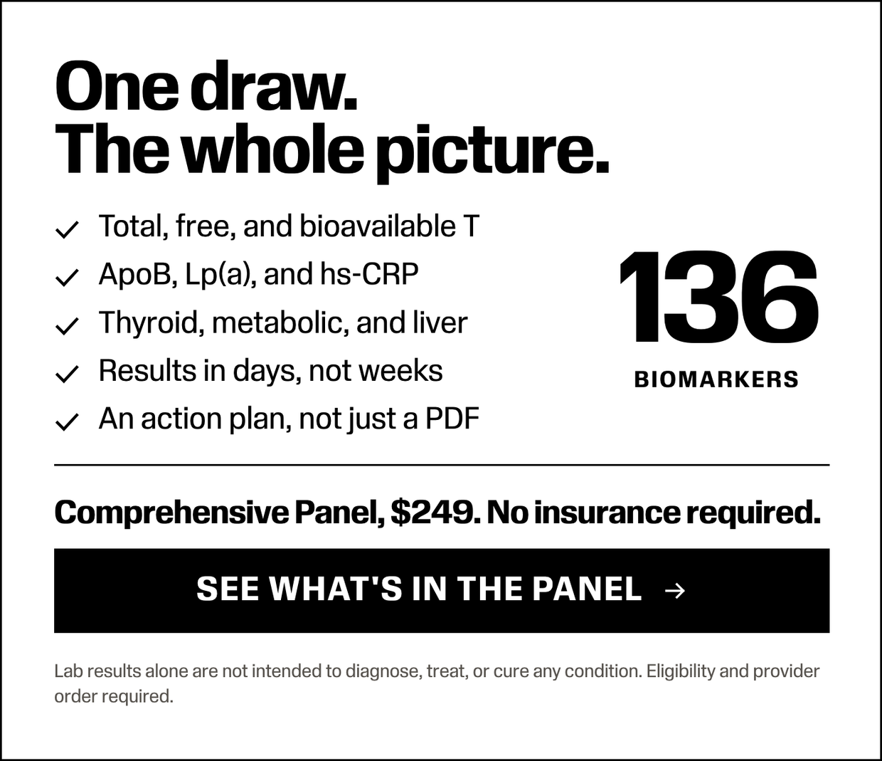 One draw, the whole picture. 136 biomarkers. Comprehensive Panel, $249, no insurance required. See what's in the panel.