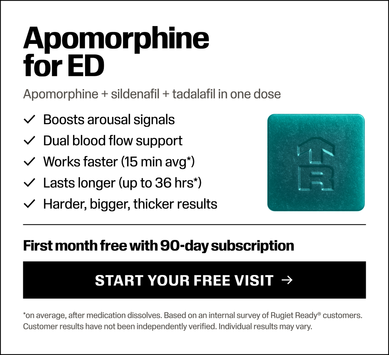Apomorphine for ED — apomorphine plus sildenafil and tadalafil in one dose. Start your free visit.