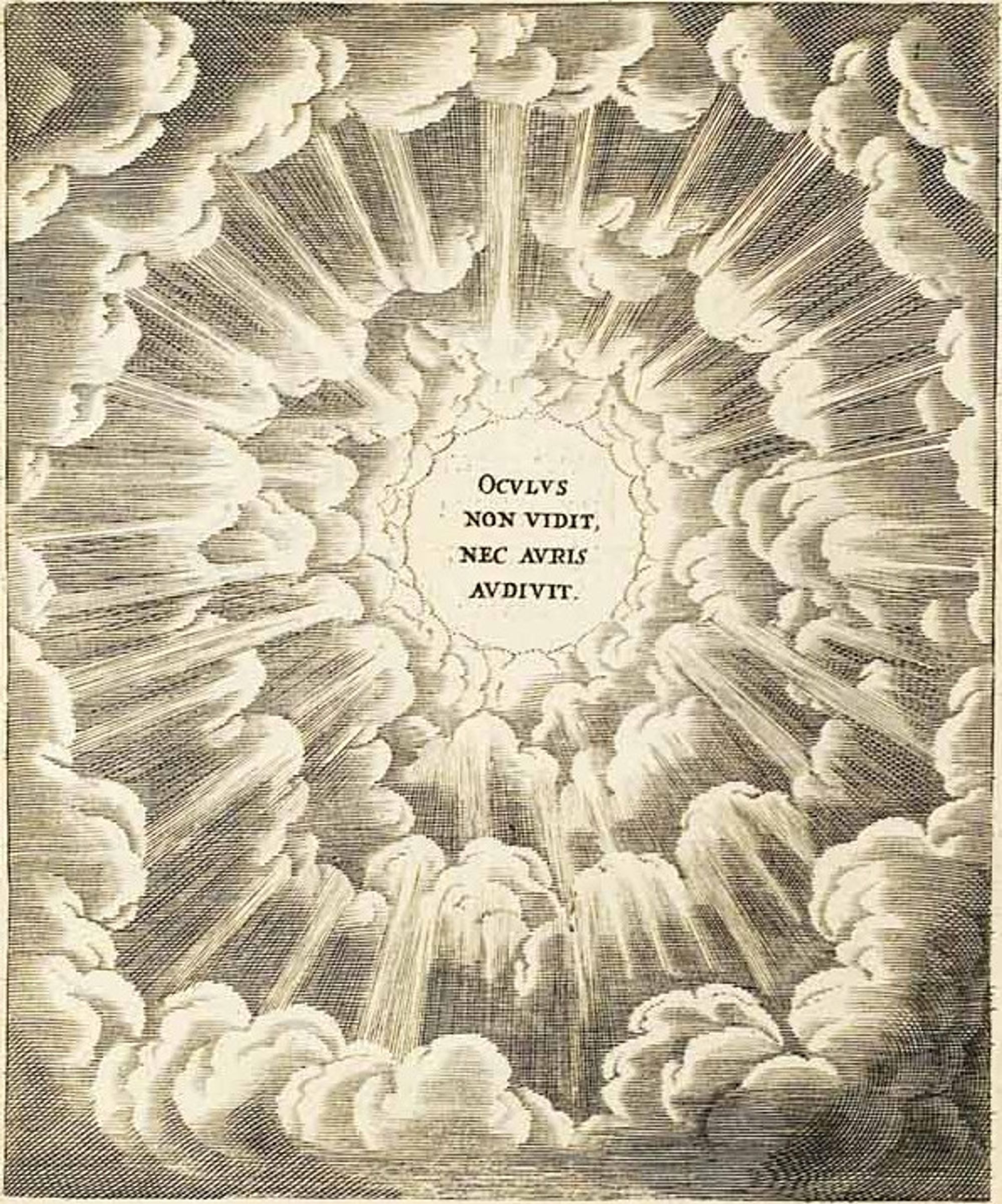 A series of clouds surround a circle, which seems like the entryway to enlightenment. In the centre appears text in Latin, “What no eye has seen, nor ear heard”, from 1 Corinthians 2:9.