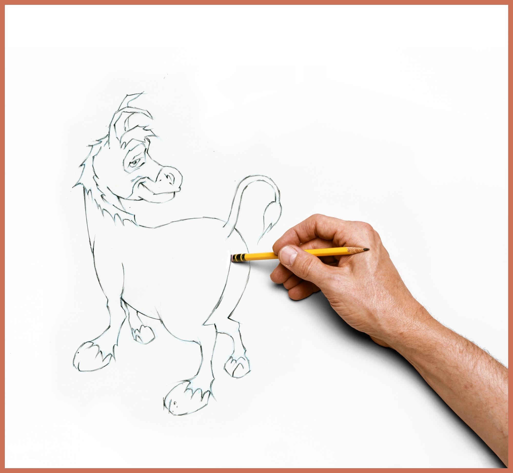 Against a white background, a pencil drawn cartoon donkey looks back at the hand drawing it. The eraser at the end of a pencil rubs into the donkey's anus. The donkey smiles, almost excited by the touch of the artist.