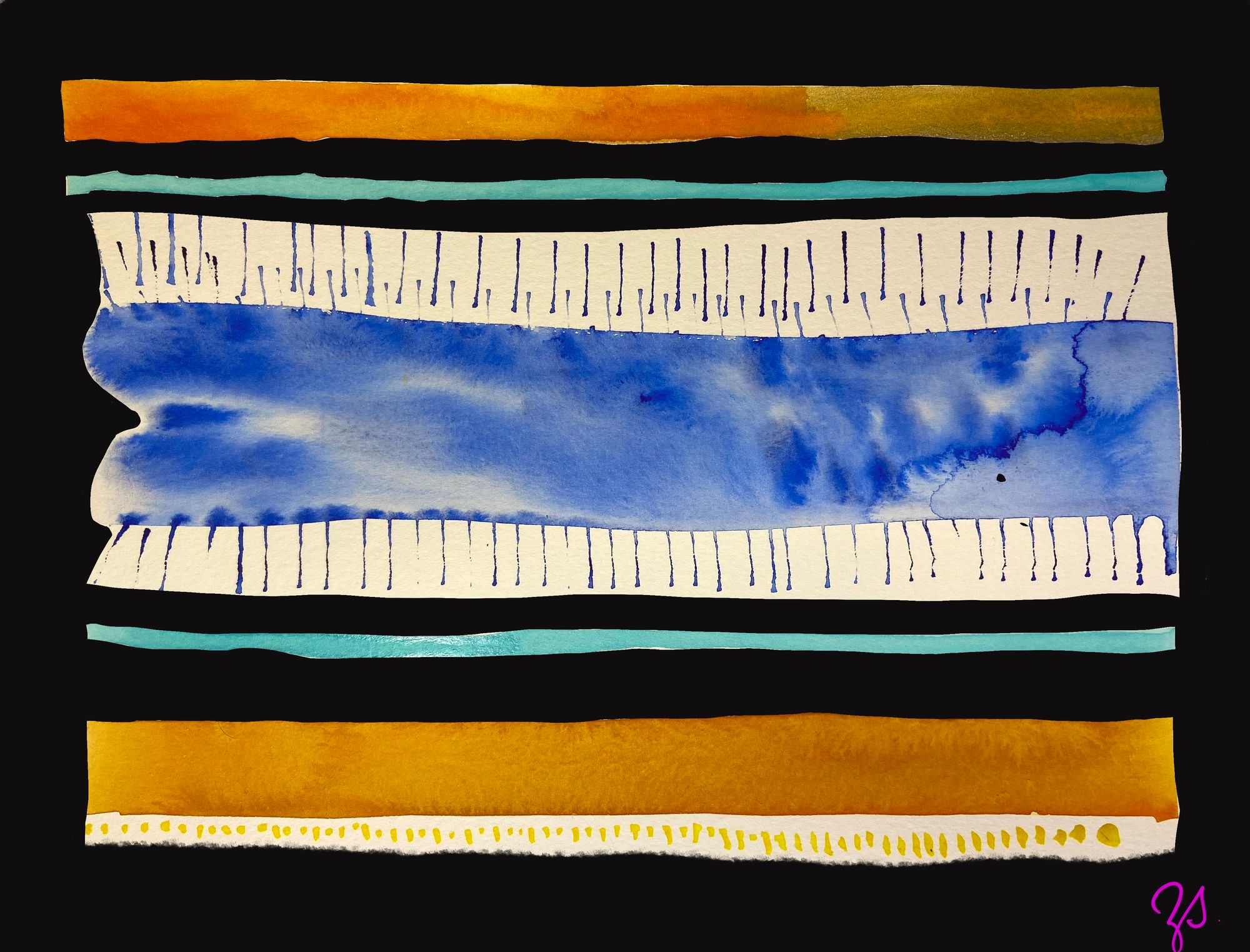watercolour painted horizontal stripes of different colours and sizes on a black background. In the centre are thin blue vertical lines.