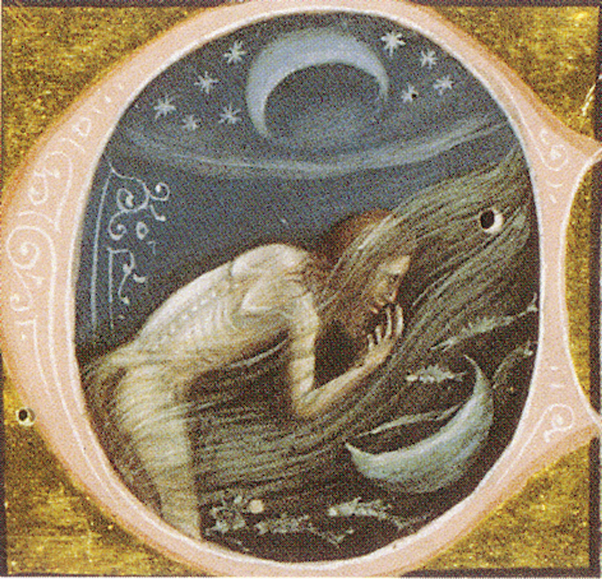 A peach coloured ocular shape encompasses the image. Inside of it an emaciated person with long flowing hair leans over into thinly painted lines that resemble the tentacles of a squid, with its eye looking down at the human bowing before it. A crescent below and above edge the circle. Outside of the confines of the circle are ochre-finished brush strokes invoking textures of dried grass.