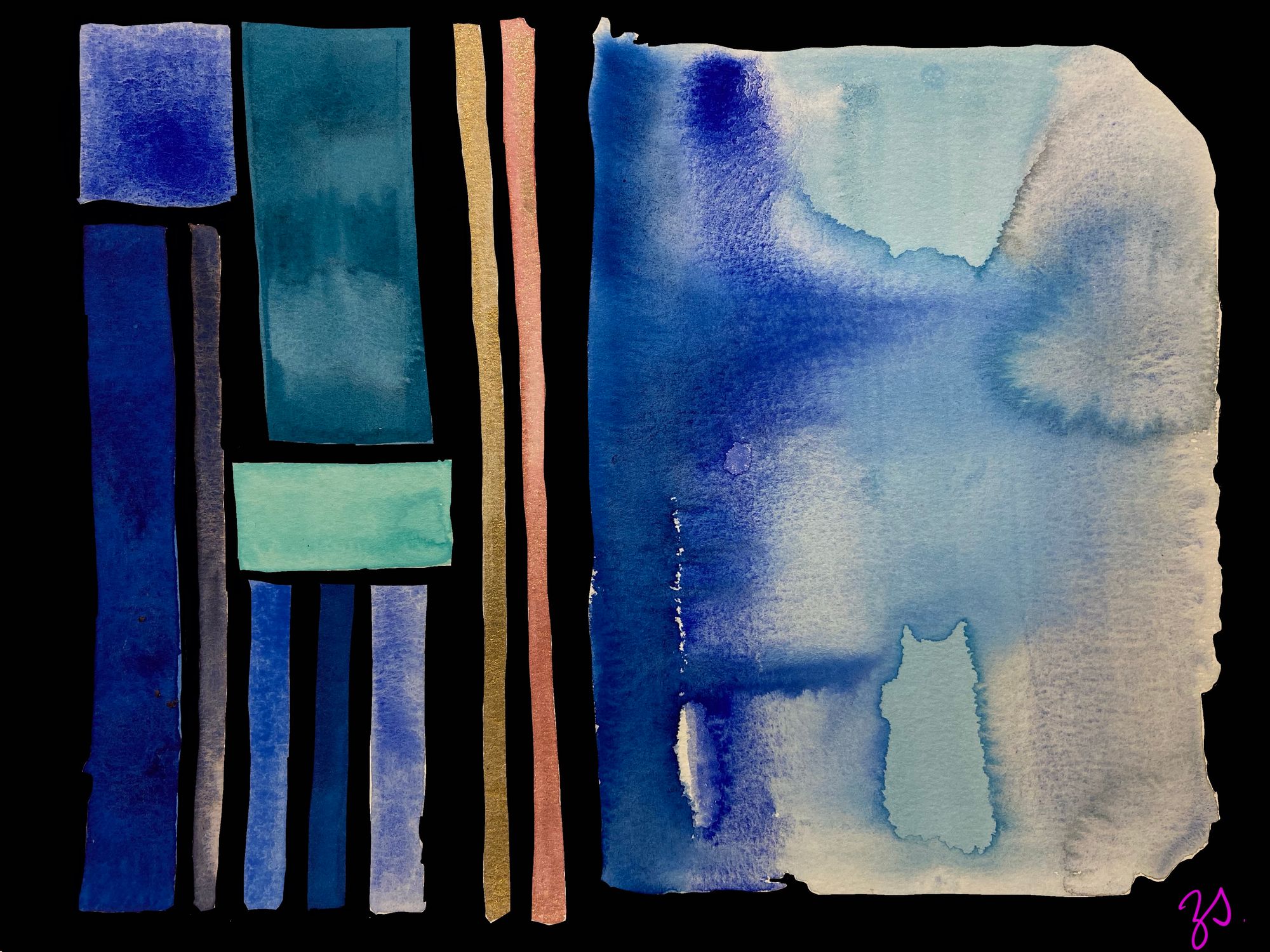 watercolor image largely blue in stripes and rectangles.