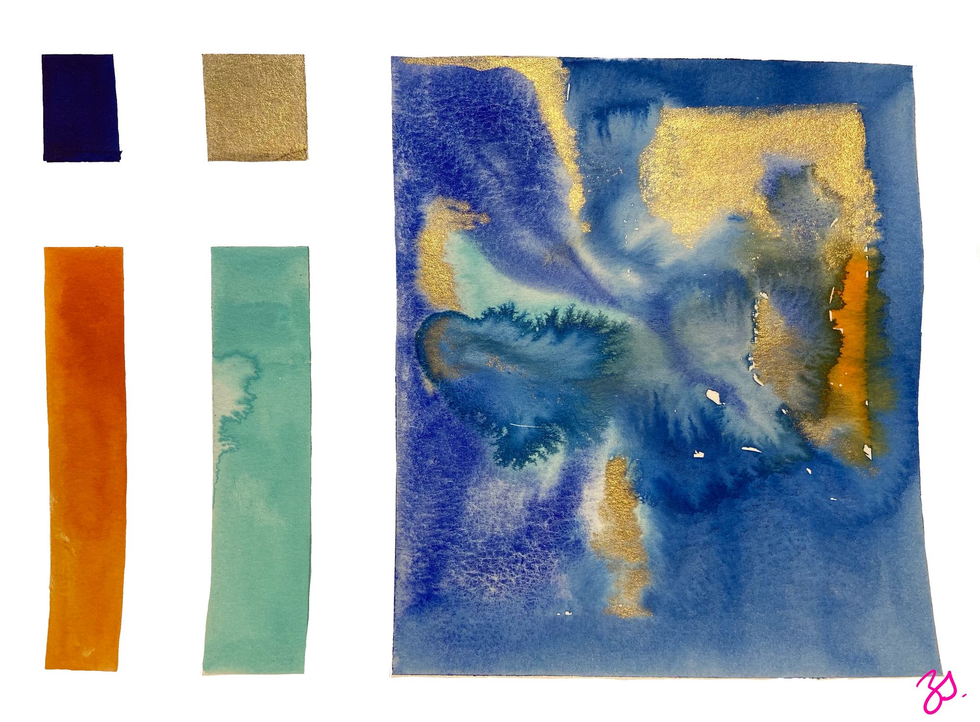 On a white background, pieces of watercolour paper are laid out across the image. The entire right half of the image is taken up with one rectangle painted in different shades of blue, swirling into orange and gold. Wet-on-wet watercolour technique creates shapes that bloom like frost on a window. On the left are two smaller strips of orange and teal.