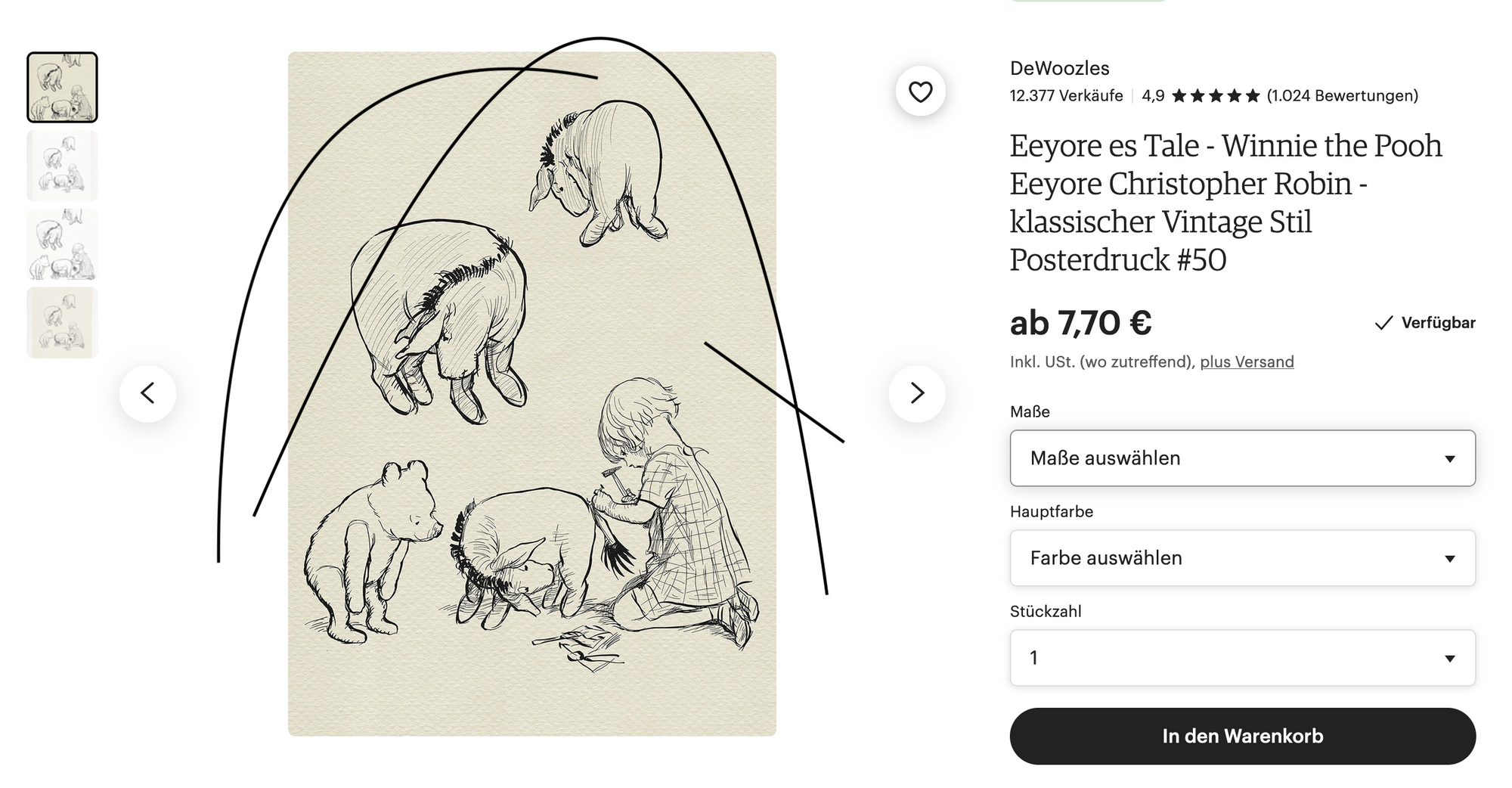 A black and white drawing of winnie the pooh and christopher robin pinning the tail on eeyore the donkey. The image is a screen shot of a print the artist is purchasing for €7,70.