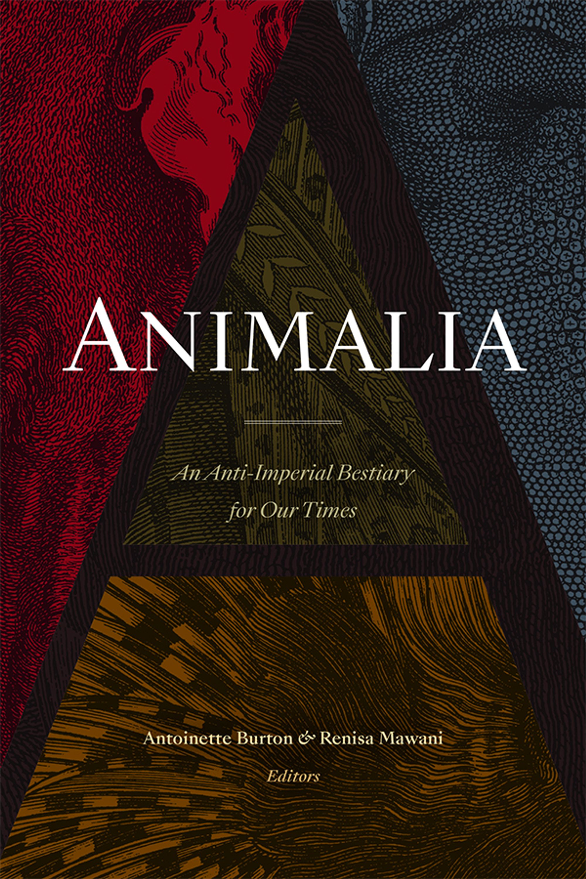 A book cover titled Animalia. A Giant A in the centre is flanked by red and dark blue abstract patterns on either side.