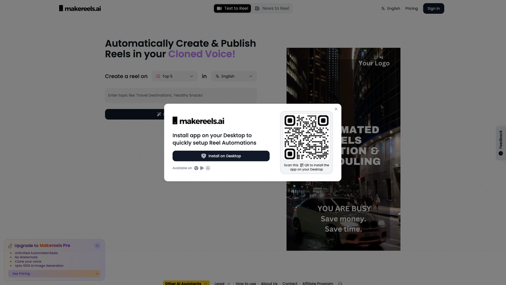 Screenshot of MakeReels.ai