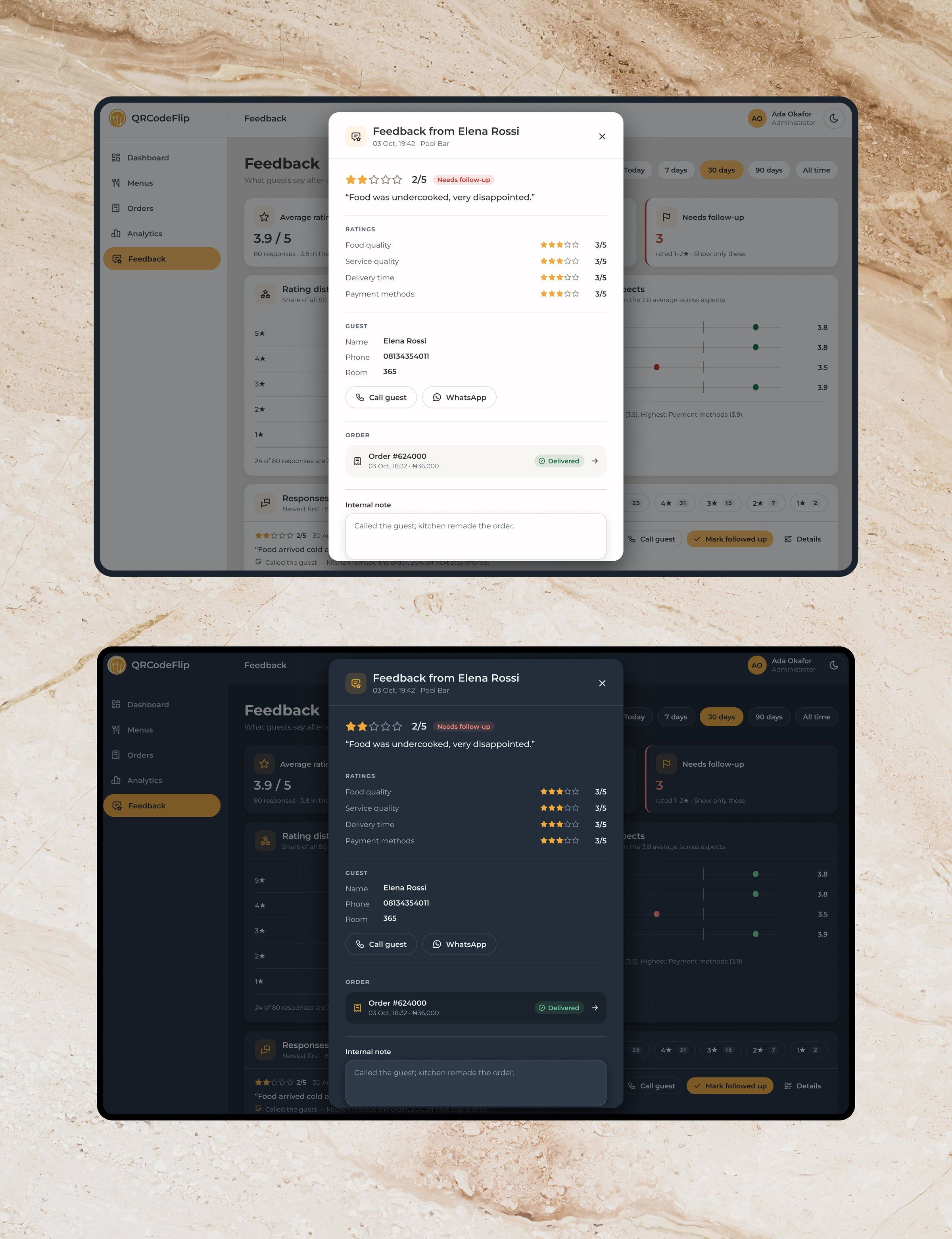 A two-star review marked as needing follow-up, light and dark: ratings by aspect, call and WhatsApp buttons, the linked order and an internal note