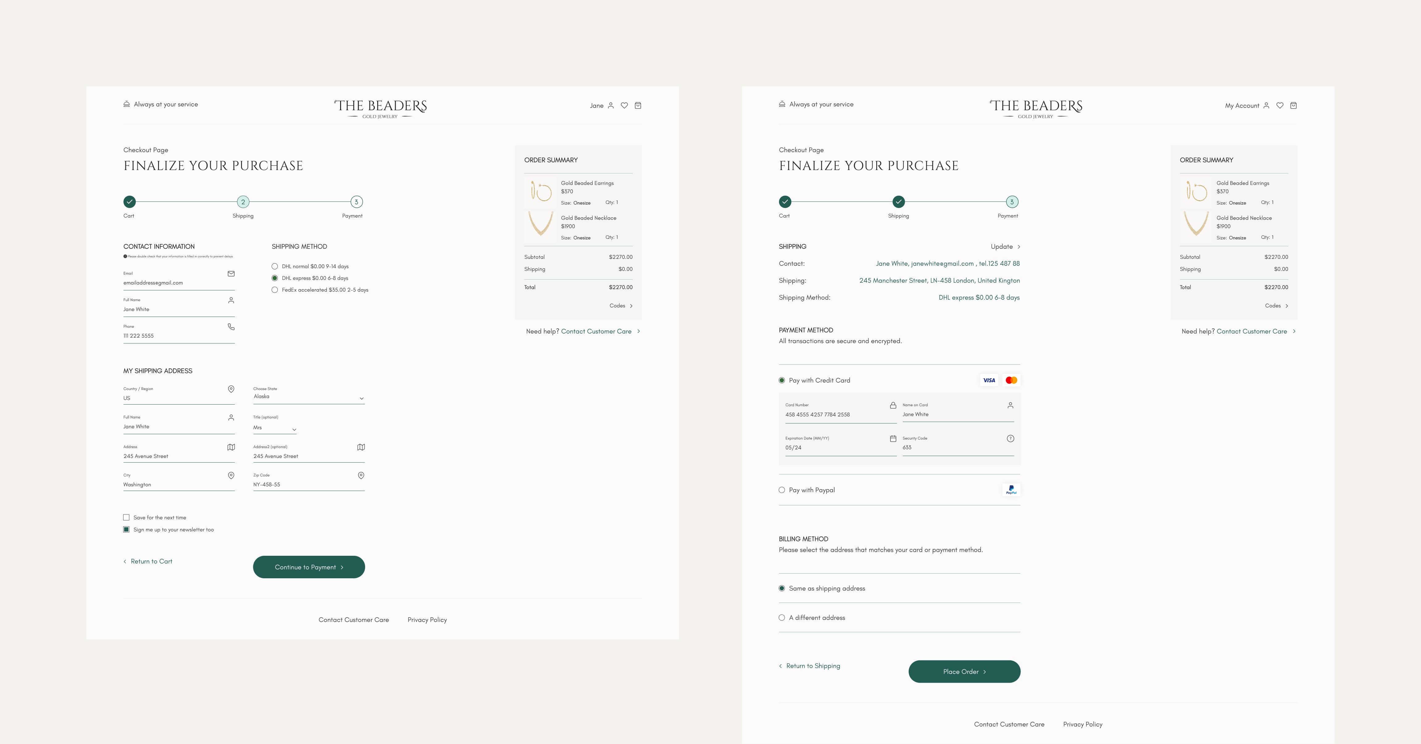 The Beaders checkout page - shipping and payment stage
