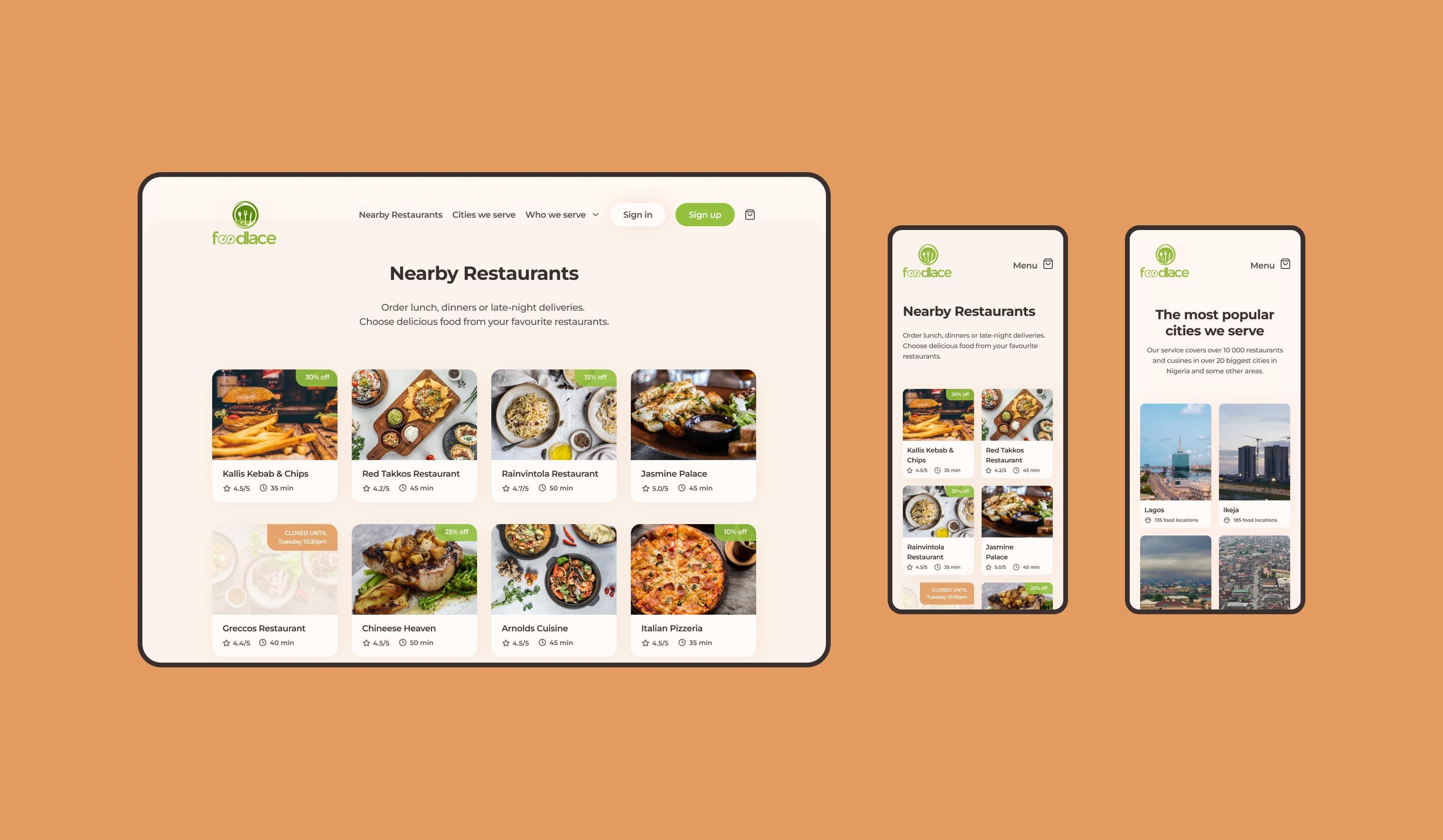 Responsive nearby restaurants and the most popular cities mobile view