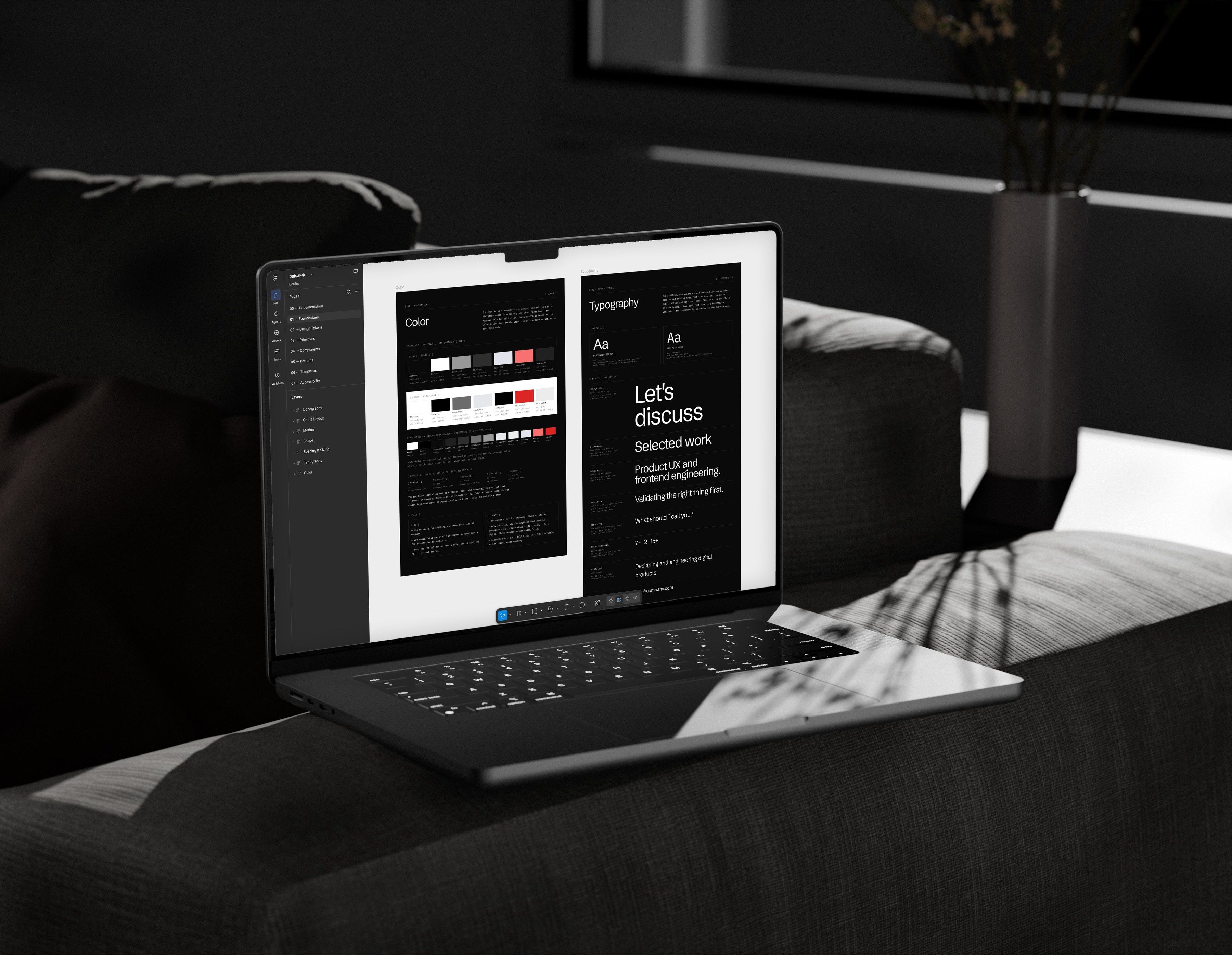 The PAISAK4U design system open in Figma on a laptop: its colour foundations in dark and light, and its type scale