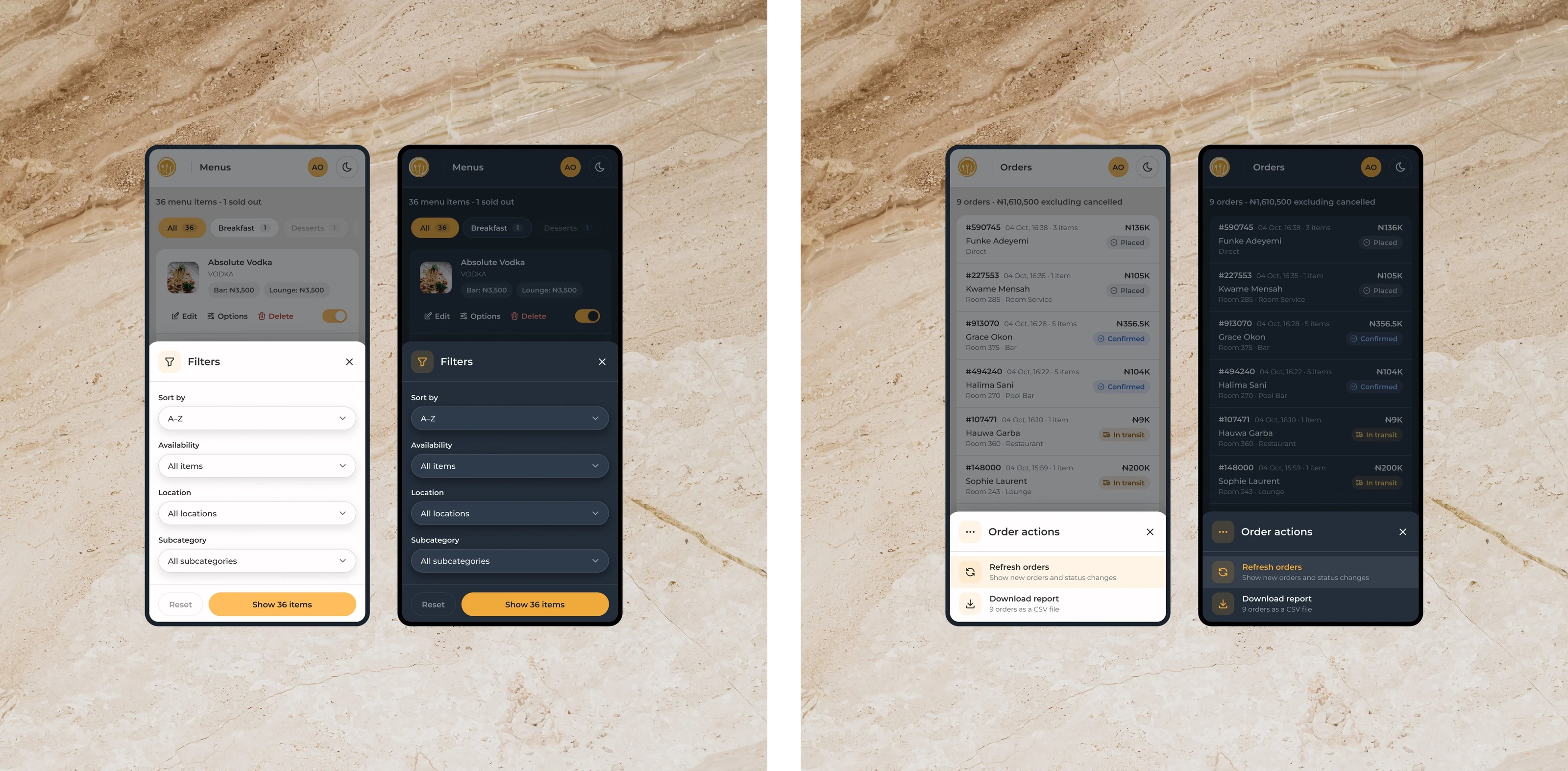 The admin on phones, light and dark: on the left, menu filters in a bottom sheet with a Show 36 items button; on the right, order actions in a sheet with Refresh orders and Download report