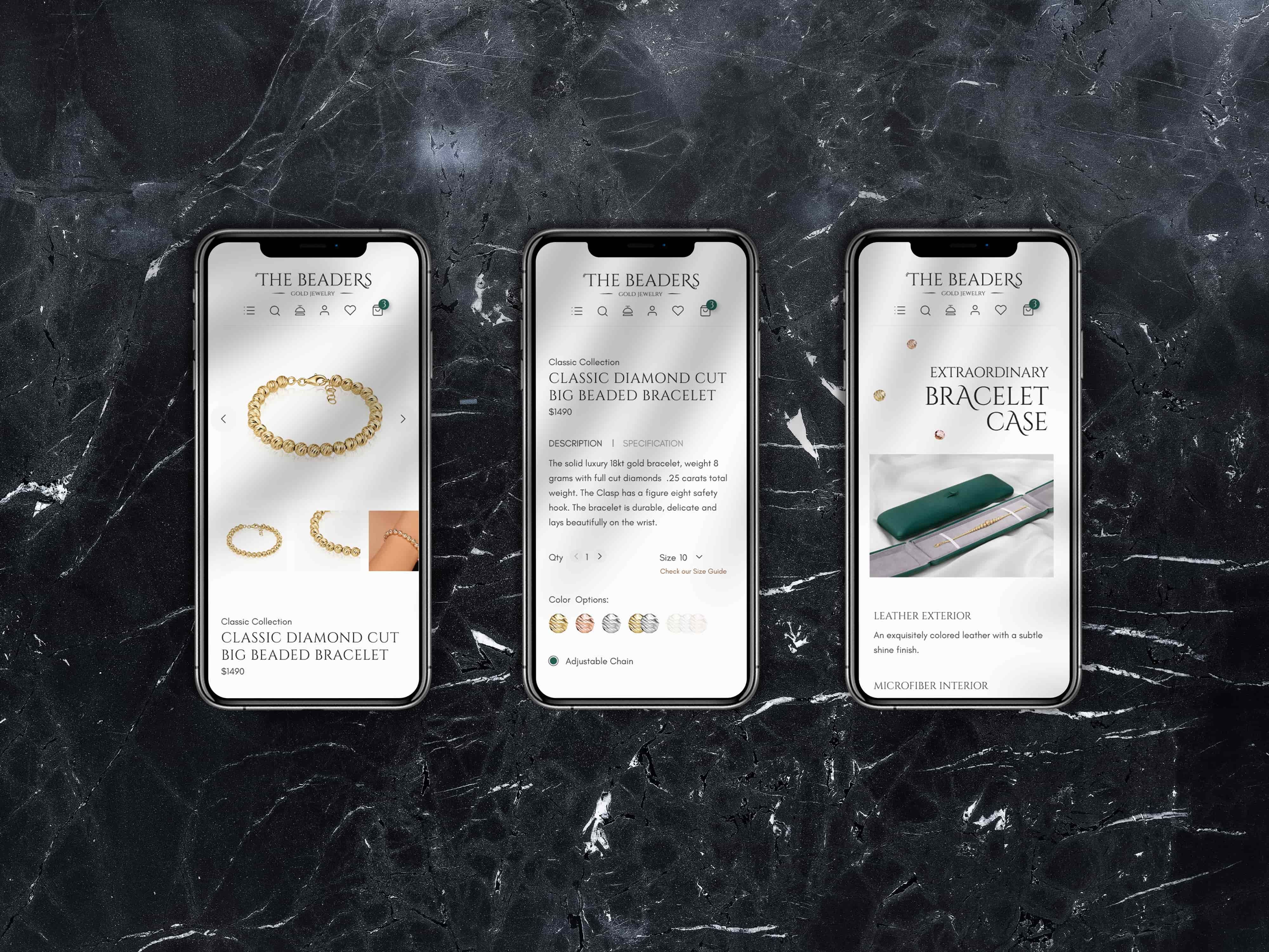 The Beaders - iphone view for few sections of the product page: product banner with  product images, product details and purchase options, extraordinary bracelet case
