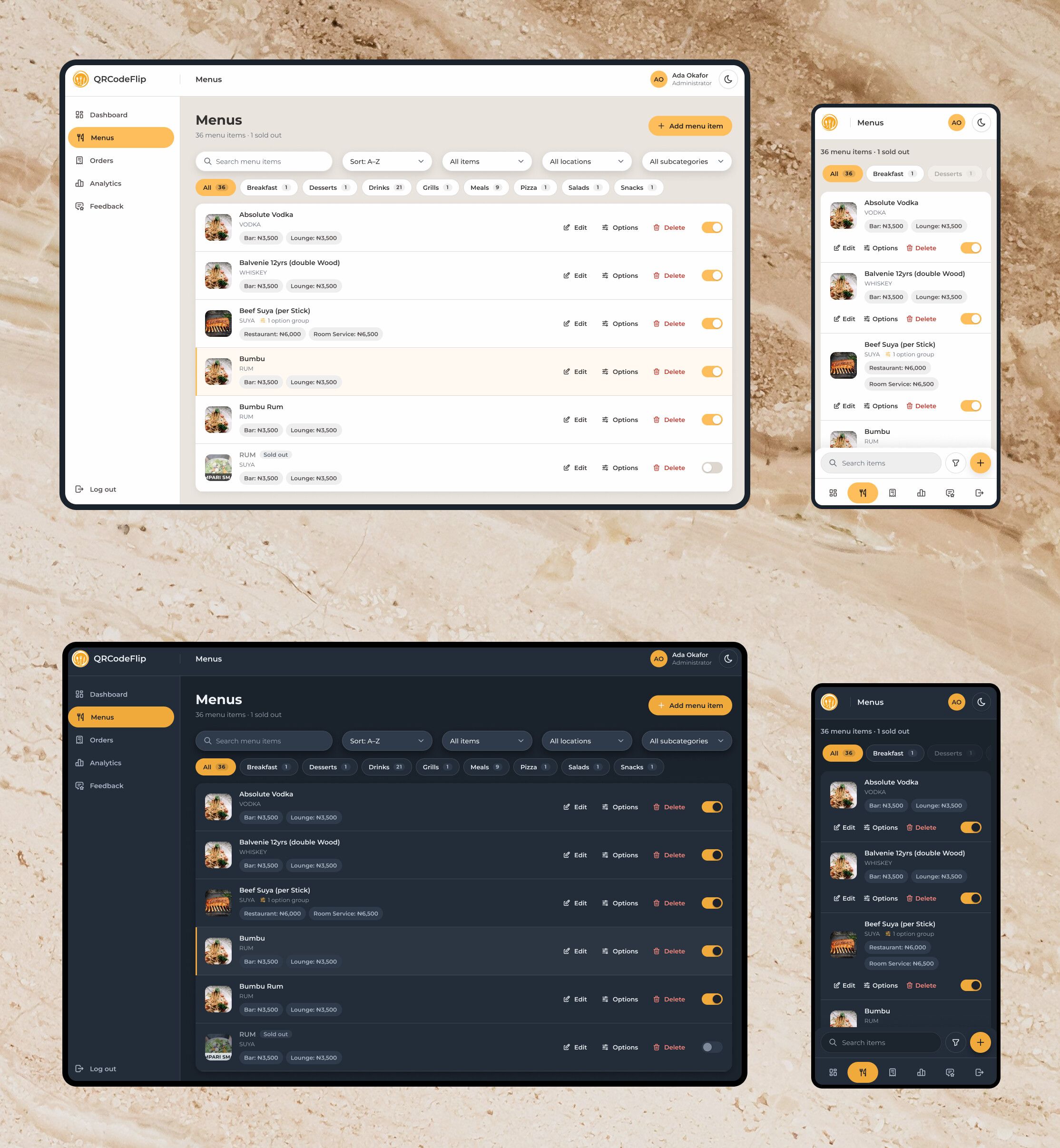 The menus page at 1440 and 390px, in light and dark: outlet prices and a sold-out switch on every row, with search, filters and Add docked at the bottom on the phone