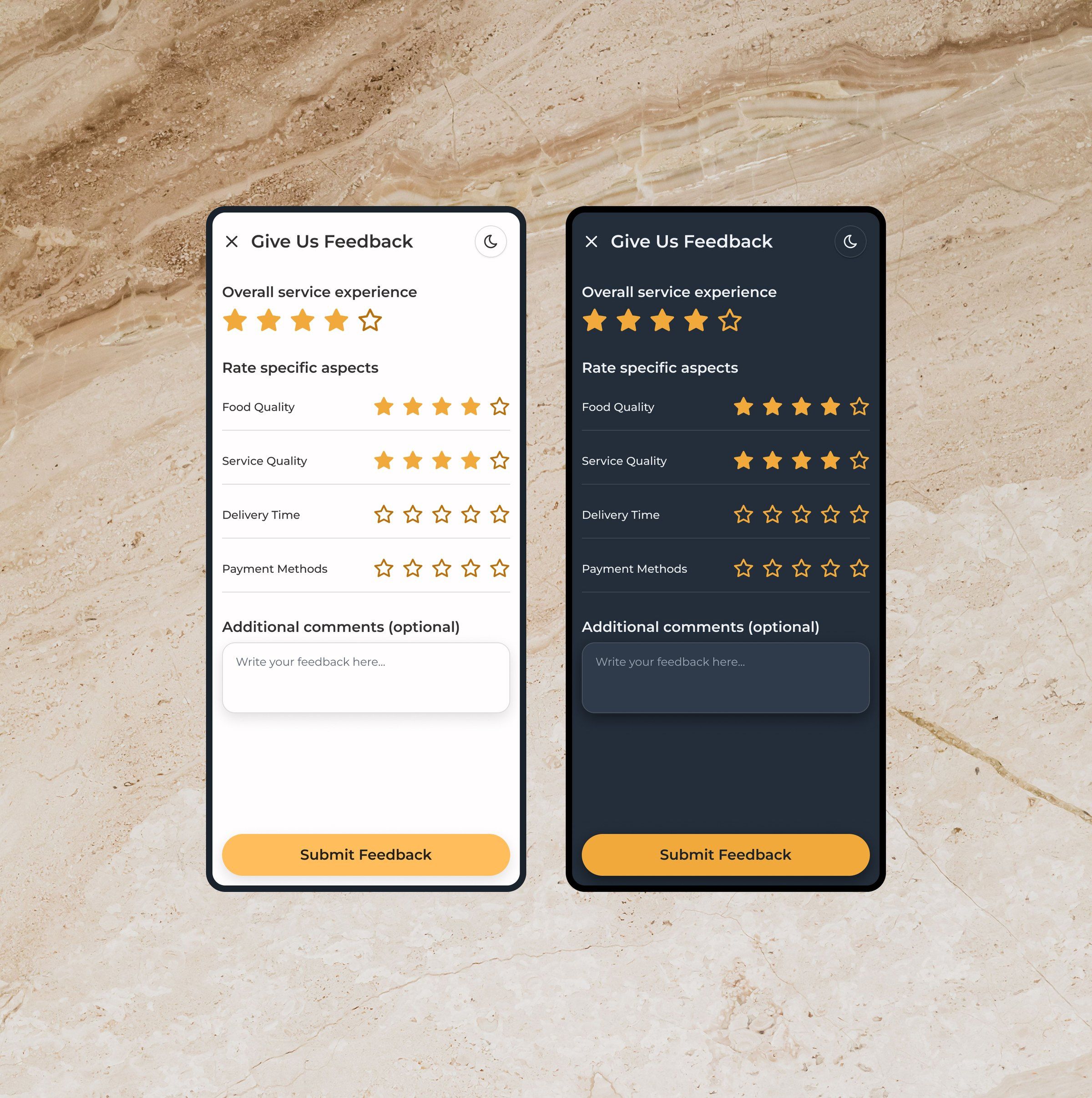 The guest feedback form on two phones, light and dark: an overall rating, four aspect ratings in rows of stars, an optional comment and a submit button