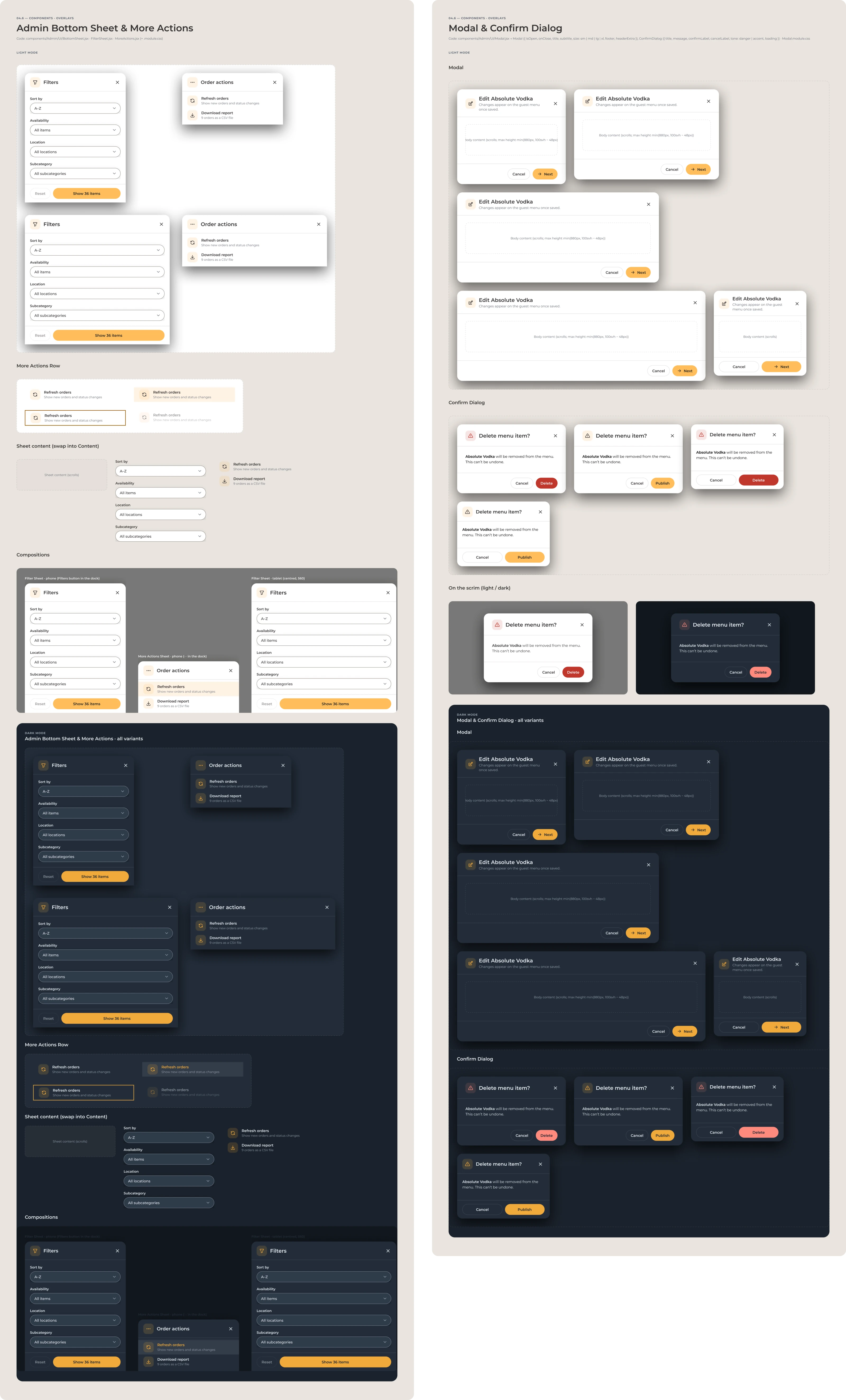 Two component boards, light and dark: the admin bottom sheet with the filters and order-actions sheets, the more-actions row and how the sheets dock on a phone and a tablet; and the modal in its sizes beside the confirm dialog in its tones, on the scrim in light and dark