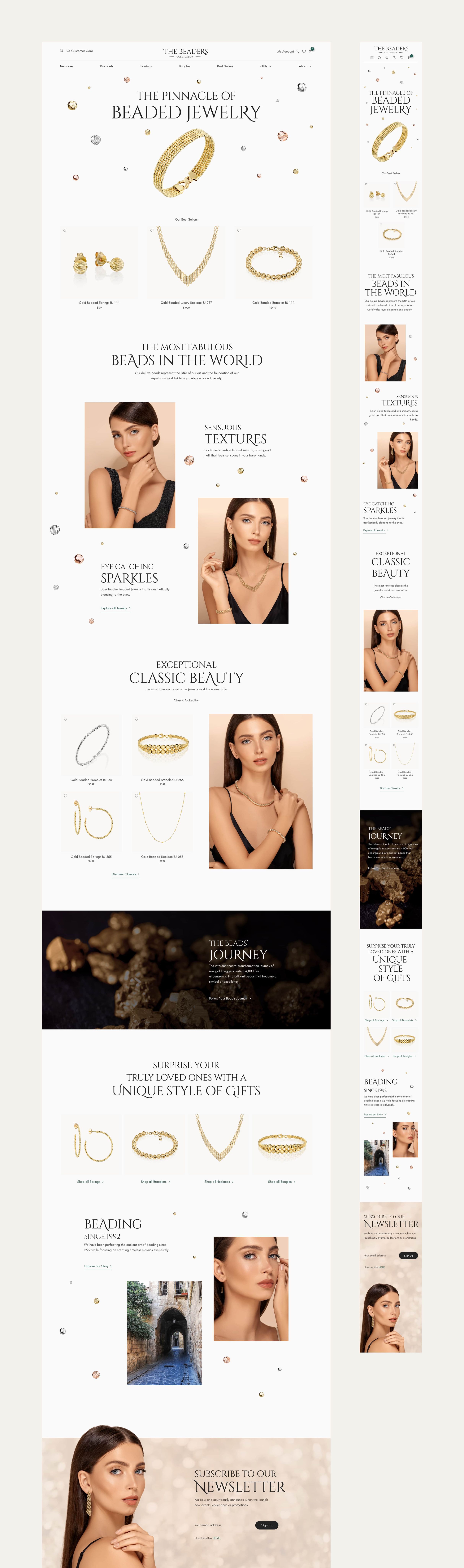 The Beaders responsive landing page: banner, bestelling products, features section, classic beauty products highlighting, beads journey, categorization , about & newslettersection
