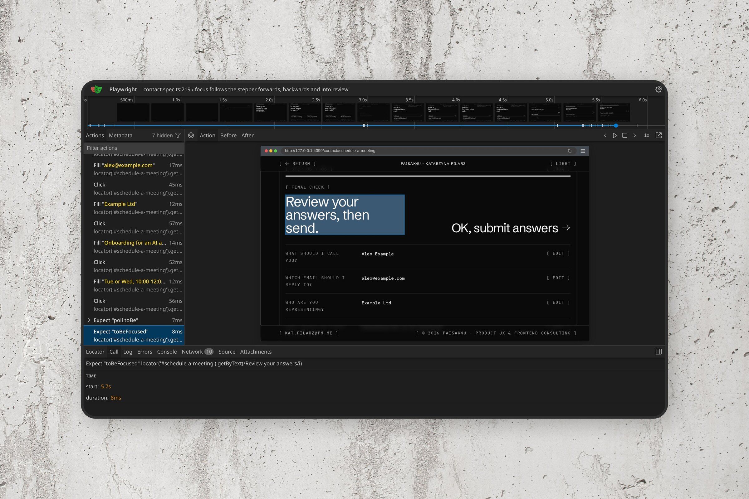 Playwright’s trace viewer on a screen against a concrete wall, on the test “focus follows the stepper forwards, backwards and into review”: its last check, that focus lands on the heading “Review your answers, then send”, highlighted in the page snapshot beside the list of steps
