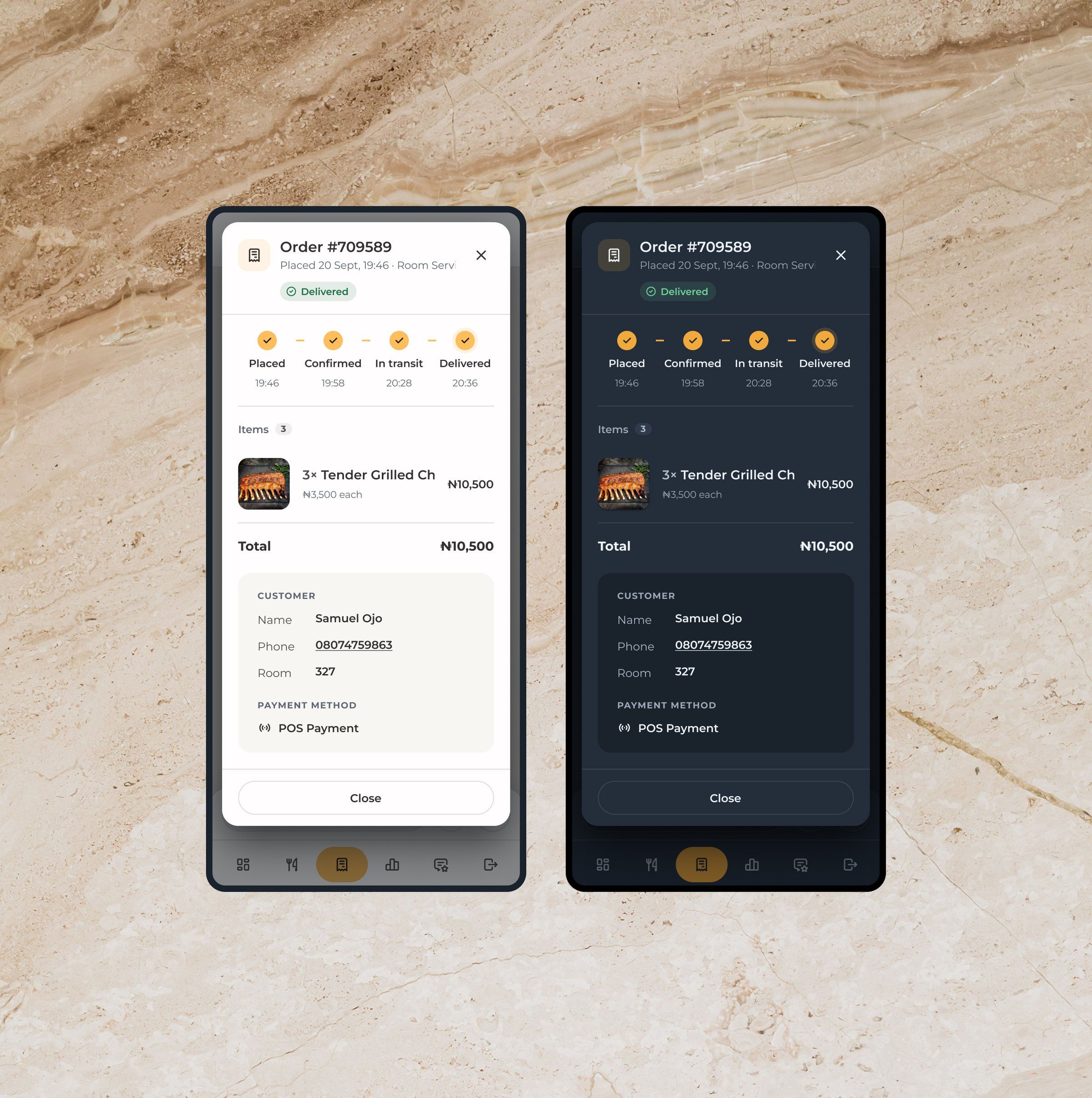 An order opened as a dialog on two phones, light and dark: its four status steps, the item and total, the guest’s details and a Close button