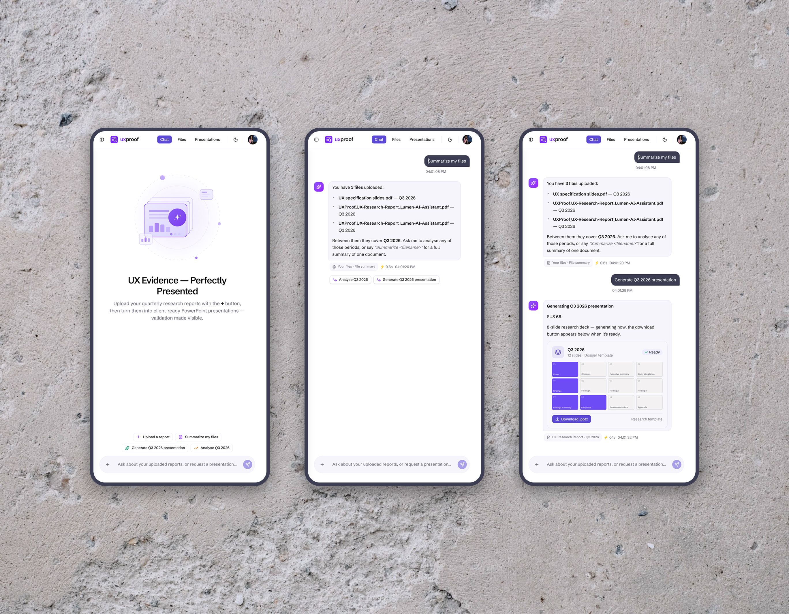 uxproof — the deck card at tablet width, its slide strip four across