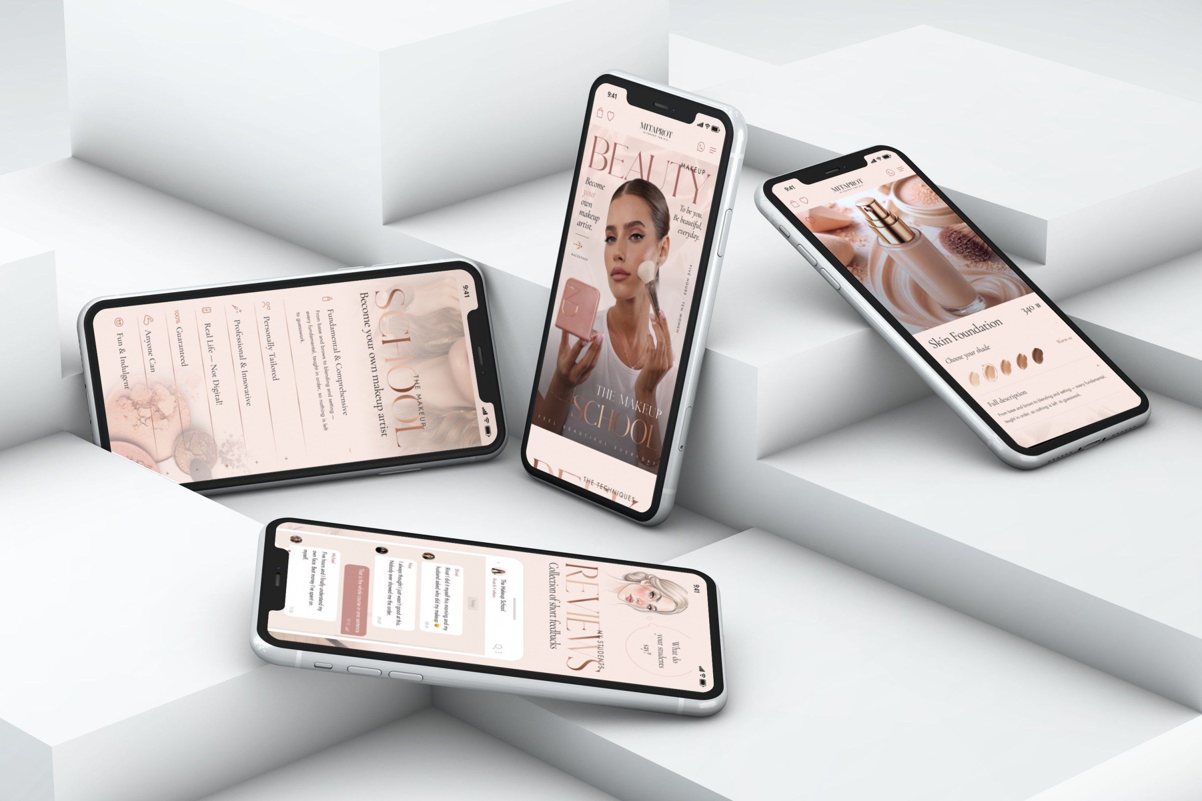 The Makeup School — four phones on white blocks with the home page hero, the Skin Foundation product page, the reasons to choose the school and the reviews