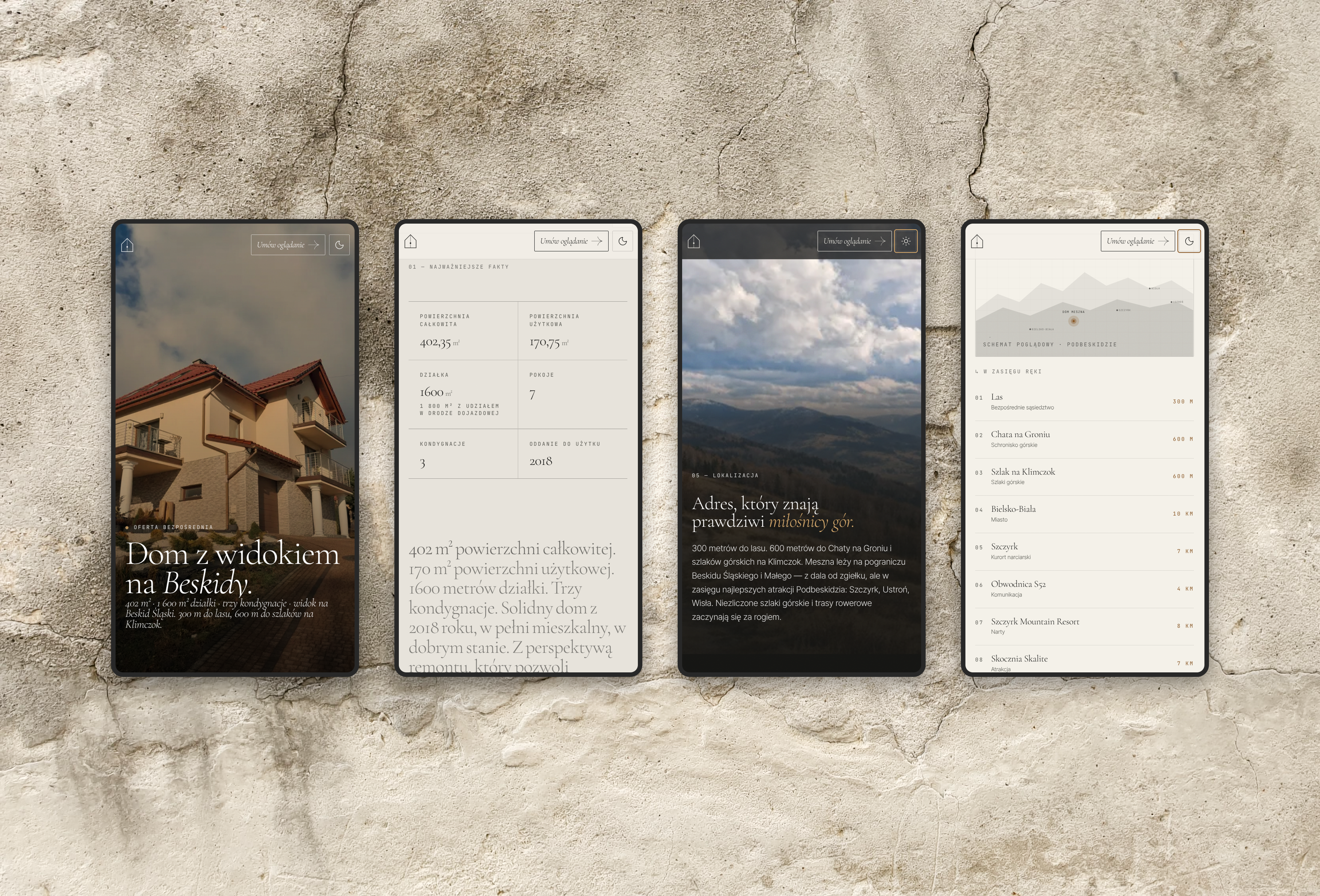 Dom-Meszna — hero, key facts, location and distances on four phones
