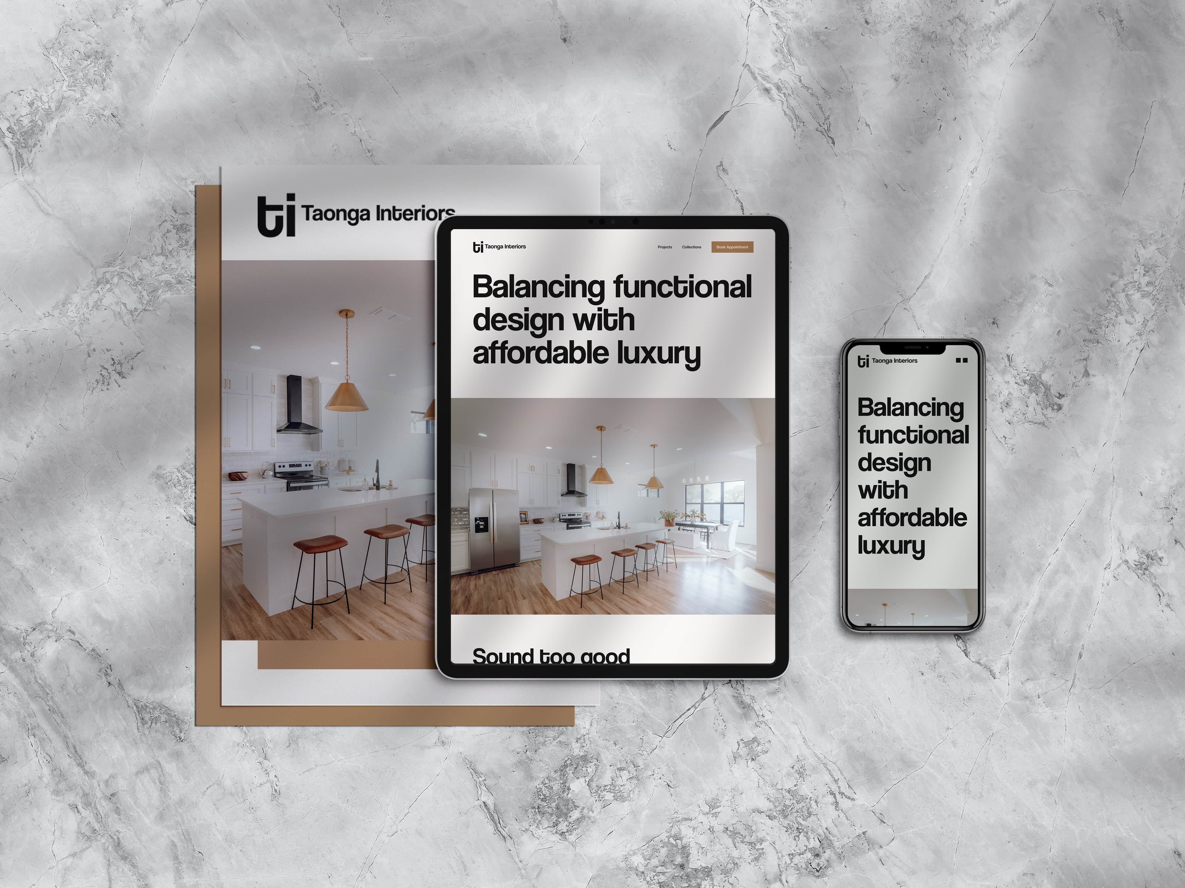 The beauty of simplicity: Taonga Interiors project mockup: branding leaflet and home page banner view on tablet and iphone